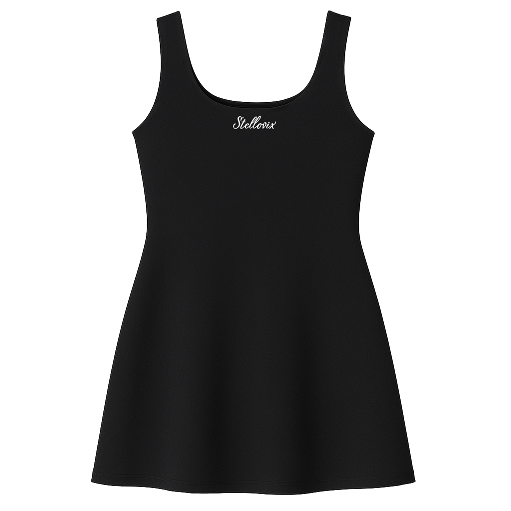 Stellovix High-Quality Flexible Alice Line Dress in Black — premium women’s tennis dress designed for comfort and performance. Perfect for tennis, workouts, casual outings, date nights, nightouts, and daily wear. Soft, breathable, and elegant one-piece activewear.